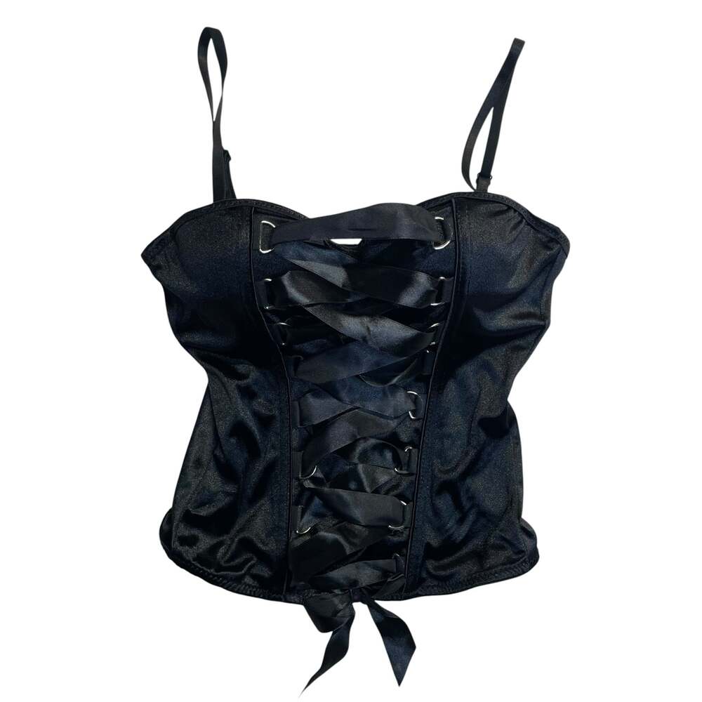 Spirit Black Lace-Up Corset Bustier Top Women's Medium Satin Gothic